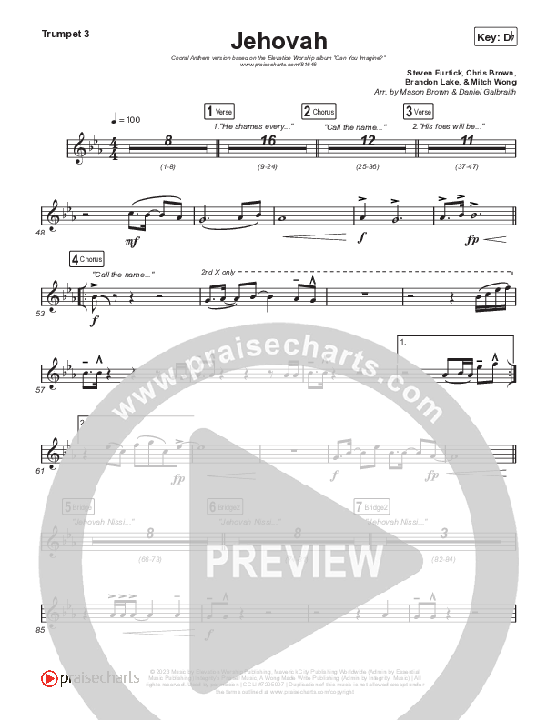 Jehovah (Choral Anthem SATB) Trumpet 1,2 (Elevation Worship / Chris Brown / Arr. Mason Brown)
