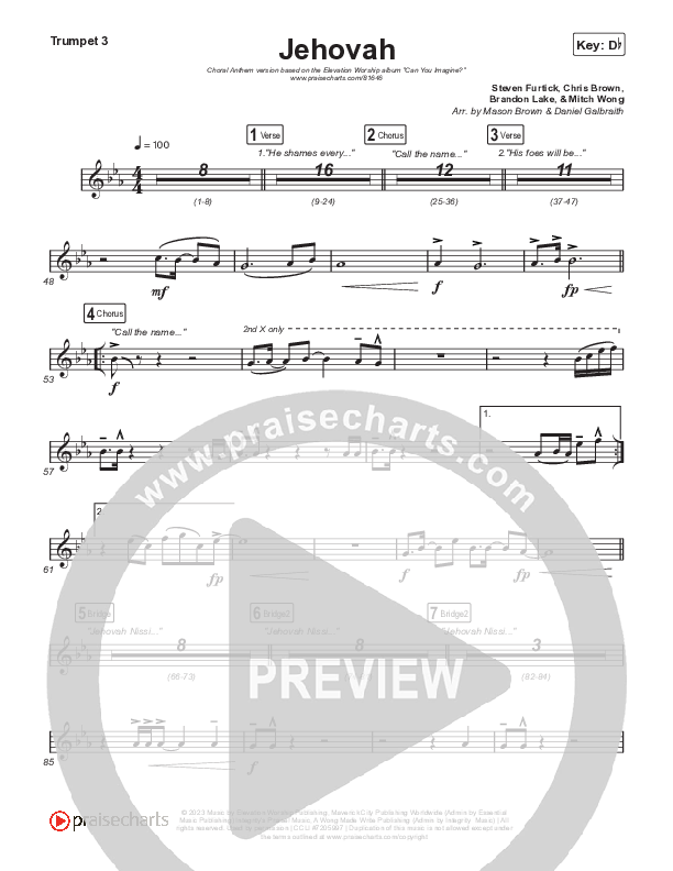 Jehovah (Choral Anthem SATB) Trumpet 3 (Elevation Worship / Chris Brown / Arr. Mason Brown)