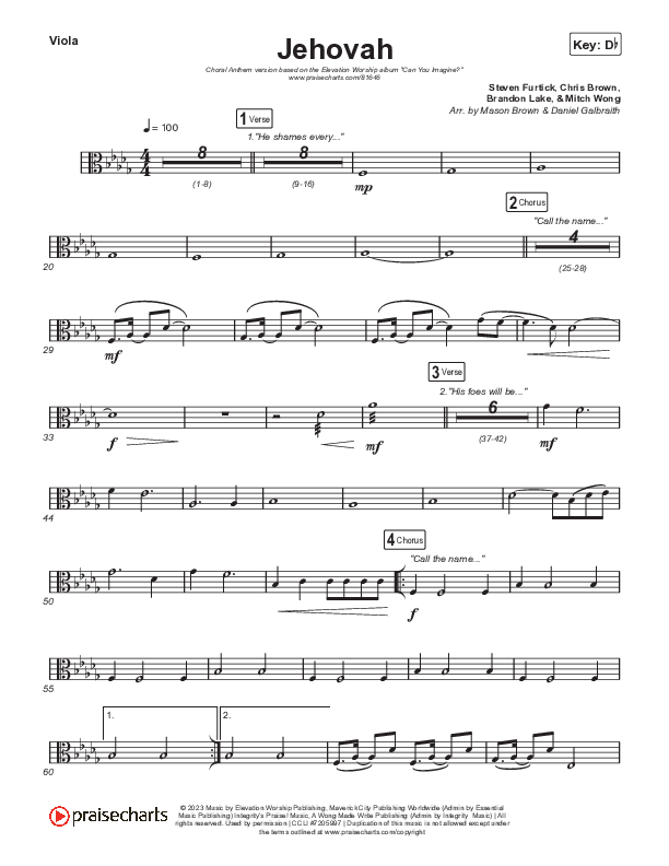 Jehovah (Choral Anthem SATB) Viola (Elevation Worship / Chris Brown / Arr. Mason Brown)