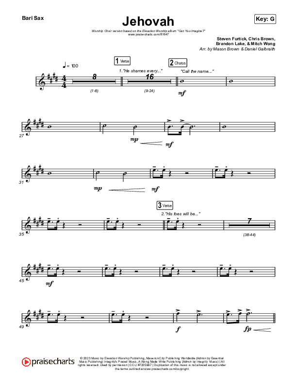 Jehovah (Worship Choir/SAB) Bari Sax (Elevation Worship / Chris Brown / Arr. Mason Brown)