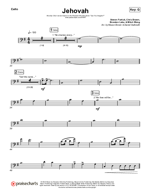 Jehovah (Worship Choir/SAB) Cello (Elevation Worship / Chris Brown / Arr. Mason Brown)