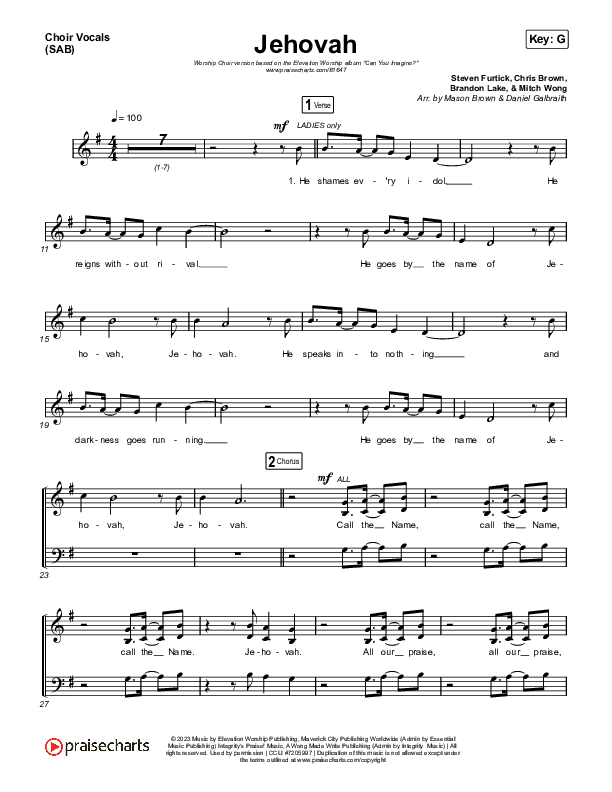 Jehovah (Worship Choir/SAB) Choir Sheet (SAB) (Elevation Worship / Chris Brown / Arr. Mason Brown)