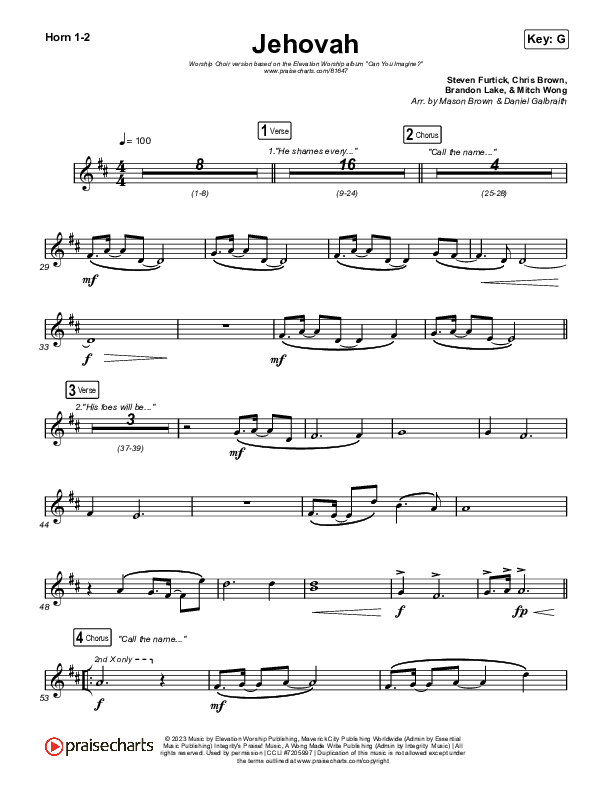 Jehovah (Worship Choir/SAB) French Horn 1/2 (Elevation Worship / Chris Brown / Arr. Mason Brown)