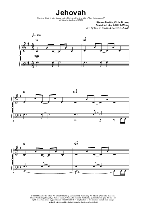 Jehovah (Worship Choir/SAB) Octavo (SAB & Pno) (Elevation Worship / Chris Brown / Arr. Mason Brown)