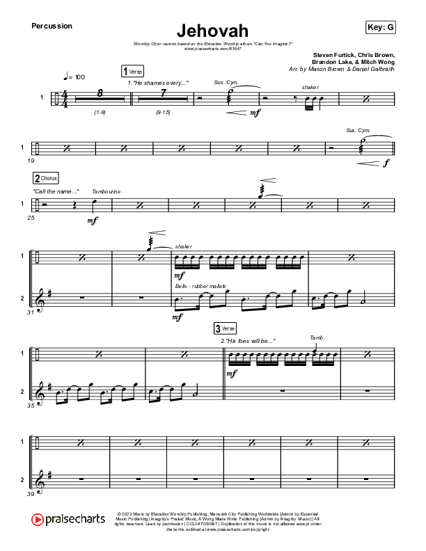 Jehovah (Worship Choir/SAB) Percussion (Elevation Worship / Chris Brown / Arr. Mason Brown)