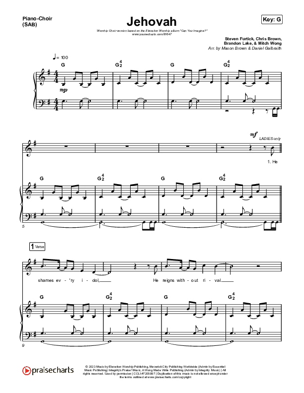 Jehovah (Worship Choir/SAB) Piano/Choir (SAB) (Elevation Worship / Chris Brown / Arr. Mason Brown)