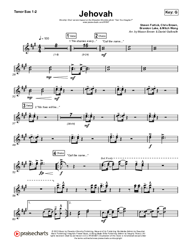 Jehovah (Worship Choir/SAB) Tenor Sax 1/2 (Elevation Worship / Chris Brown / Arr. Mason Brown)