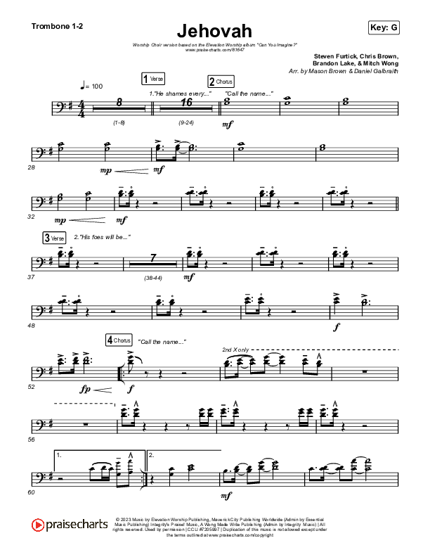 Jehovah (Worship Choir/SAB) Trombone 1/2 (Elevation Worship / Chris Brown / Arr. Mason Brown)