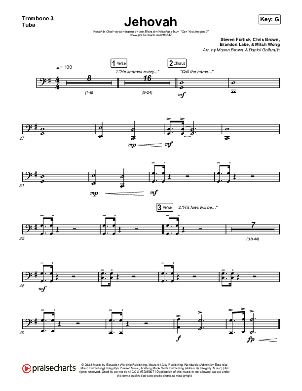 Jehovah (Worship Choir/SAB) Trombone 3/Tuba (Elevation Worship / Chris Brown / Arr. Mason Brown)