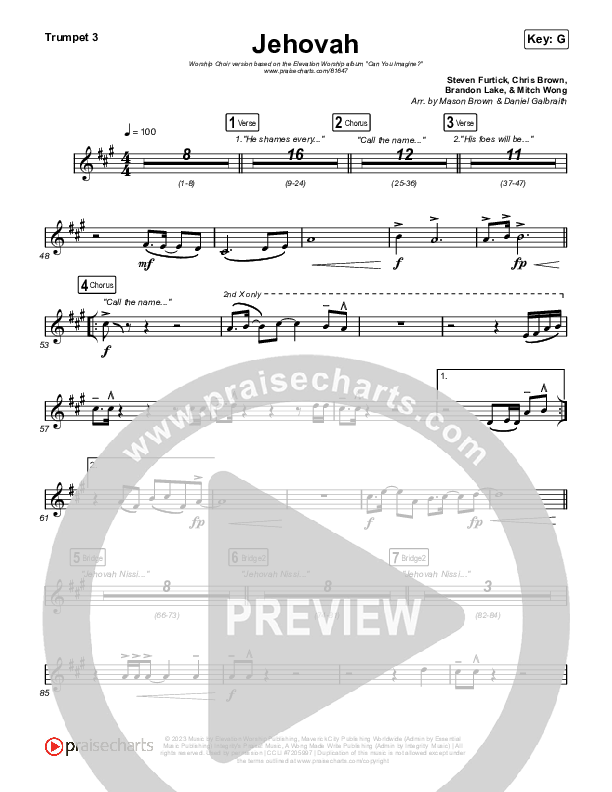 Jehovah (Worship Choir/SAB) Trumpet 3 (Elevation Worship / Chris Brown / Arr. Mason Brown)