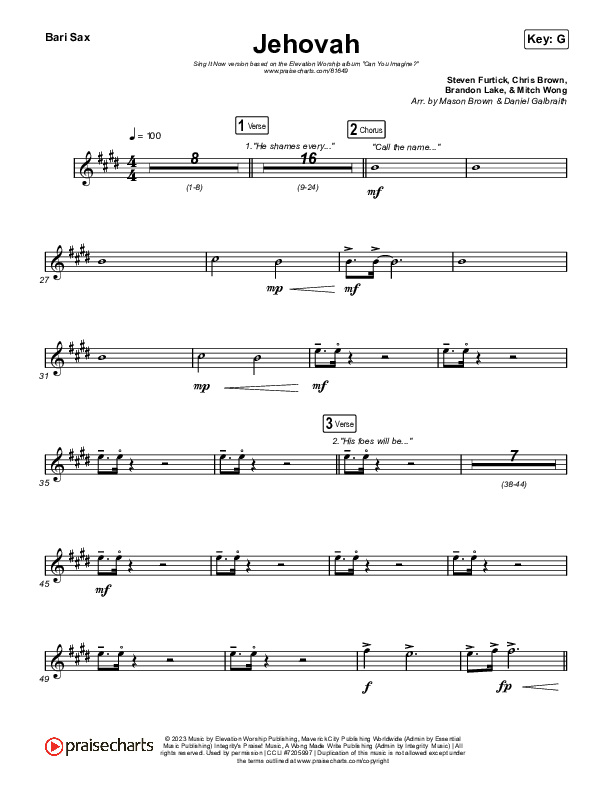 Jehovah (Sing It Now) Bari Sax (Elevation Worship / Chris Brown / Arr. Mason Brown)