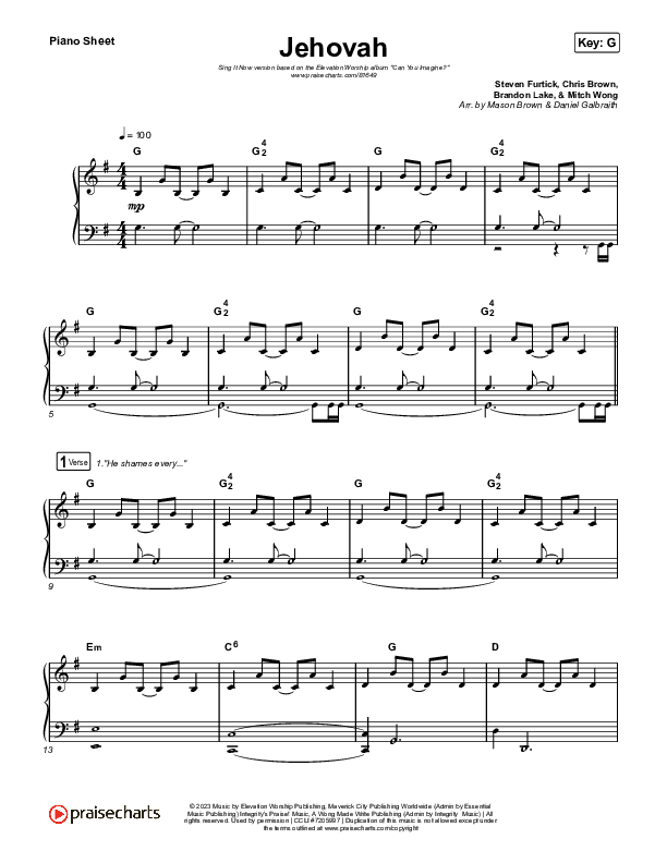 Jehovah (Sing It Now) Piano Sheet (Elevation Worship / Chris Brown / Arr. Mason Brown)