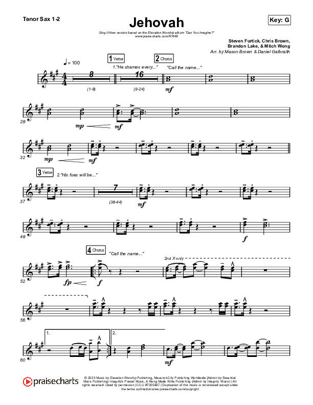 Jehovah (Sing It Now) Tenor Sax 1/2 (Elevation Worship / Chris Brown / Arr. Mason Brown)