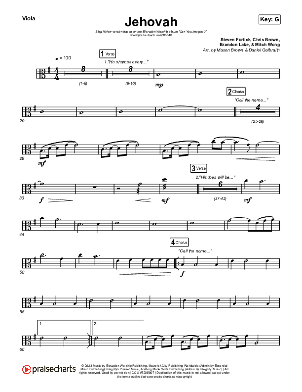 Jehovah (Sing It Now) Viola (Elevation Worship / Chris Brown / Arr. Mason Brown)