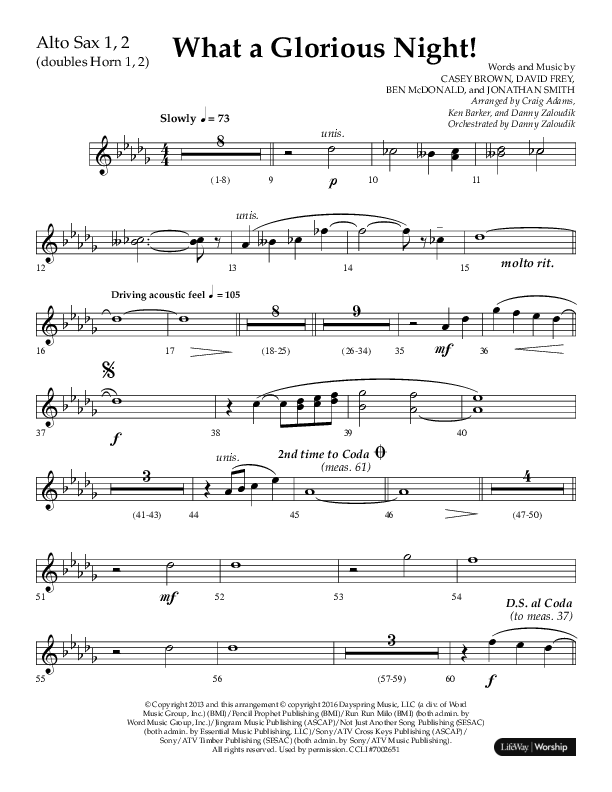 What A Glorious Night (Choral Anthem SATB) Alto Sax 1/2 (Lifeway Choral / Arr. Craig Adams / Arr. Ken Barker / Arr. Danny Zaloudik)