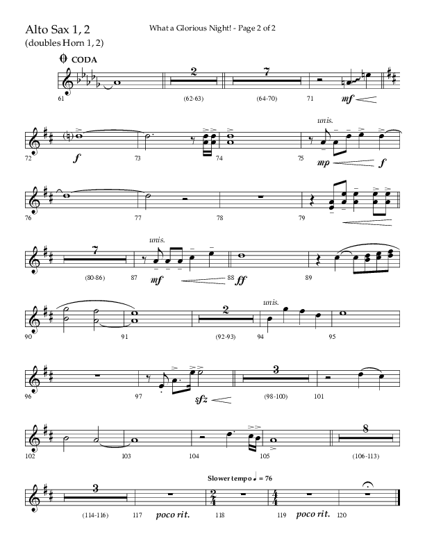 What A Glorious Night (Choral Anthem SATB) Alto Sax 1/2 (Lifeway Choral / Arr. Craig Adams / Arr. Ken Barker / Arr. Danny Zaloudik)