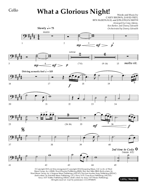 What A Glorious Night (Choral Anthem SATB) Cello (Lifeway Choral / Arr. Craig Adams / Arr. Ken Barker / Arr. Danny Zaloudik)