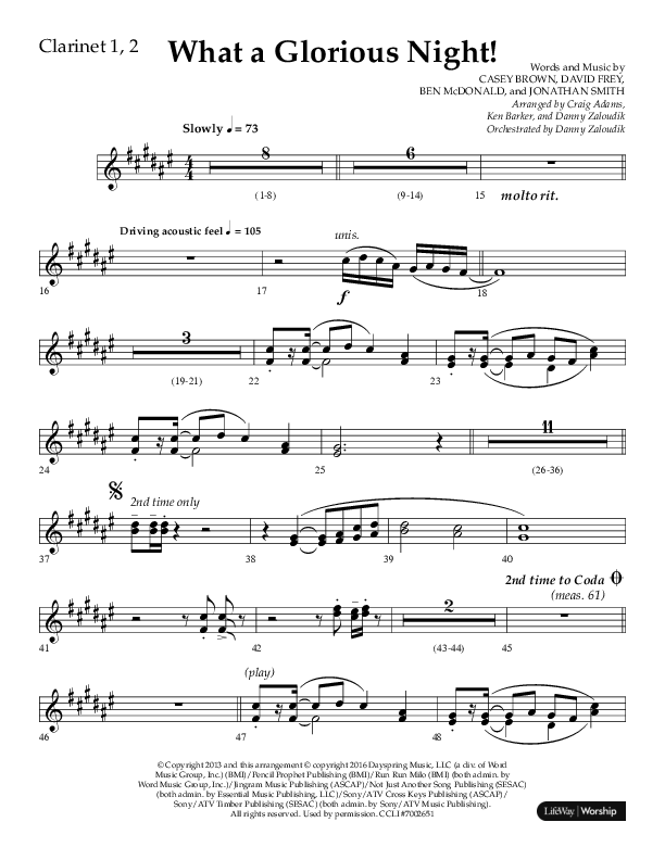 What A Glorious Night (Choral Anthem SATB) Clarinet 1/2 (Lifeway Choral / Arr. Craig Adams / Arr. Ken Barker / Arr. Danny Zaloudik)