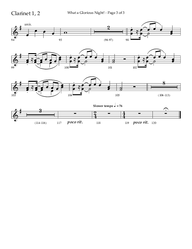 What A Glorious Night (Choral Anthem SATB) Clarinet 1/2 (Lifeway Choral / Arr. Craig Adams / Arr. Ken Barker / Arr. Danny Zaloudik)