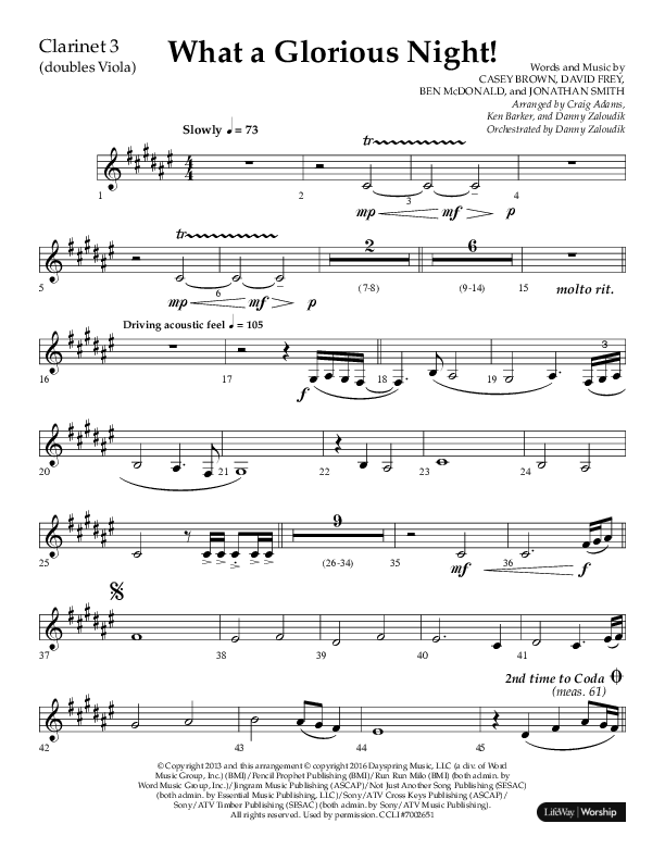 What A Glorious Night (Choral Anthem SATB) Clarinet 3 (Lifeway Choral / Arr. Craig Adams / Arr. Ken Barker / Arr. Danny Zaloudik)