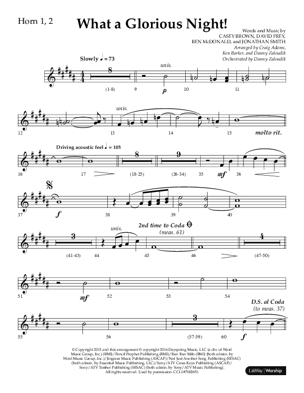What A Glorious Night (Choral Anthem SATB) French Horn 1/2 (Lifeway Choral / Arr. Craig Adams / Arr. Ken Barker / Arr. Danny Zaloudik)