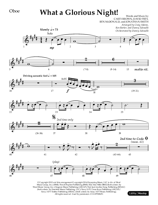 What A Glorious Night (Choral Anthem SATB) Oboe (Lifeway Choral / Arr. Craig Adams / Arr. Ken Barker / Arr. Danny Zaloudik)