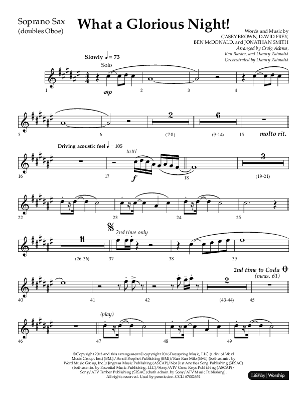 What A Glorious Night (Choral Anthem SATB) Soprano Sax (Lifeway Choral / Arr. Craig Adams / Arr. Ken Barker / Arr. Danny Zaloudik)