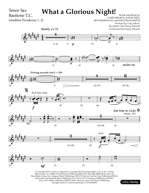 What A Glorious Night (Choral Anthem SATB) Tenor Sax/Baritone T.C. (Lifeway Choral / Arr. Craig Adams / Arr. Ken Barker / Arr. Danny Zaloudik)