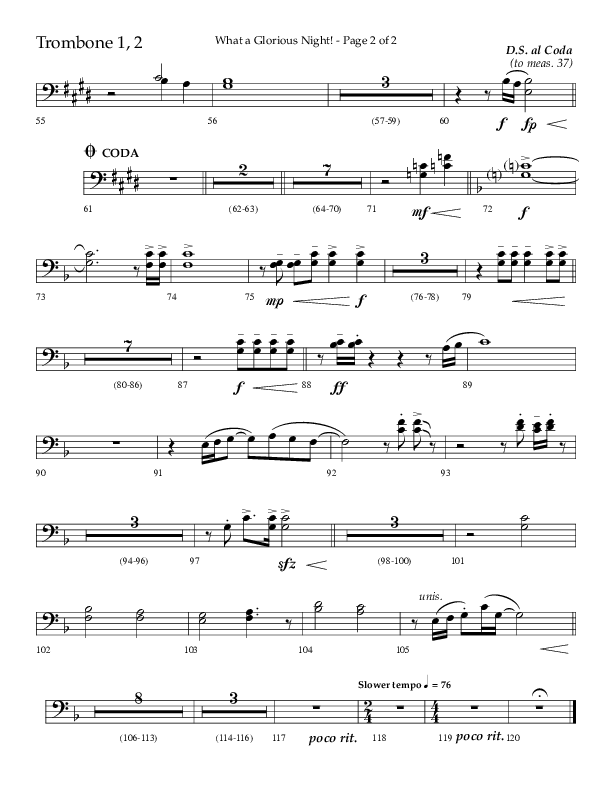 What A Glorious Night (Choral Anthem SATB) Trombone 1/2 (Lifeway Choral / Arr. Craig Adams / Arr. Ken Barker / Arr. Danny Zaloudik)