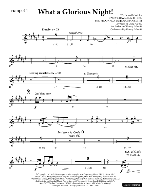 What A Glorious Night (Choral Anthem SATB) Trumpet 1 (Lifeway Choral / Arr. Craig Adams / Arr. Ken Barker / Arr. Danny Zaloudik)