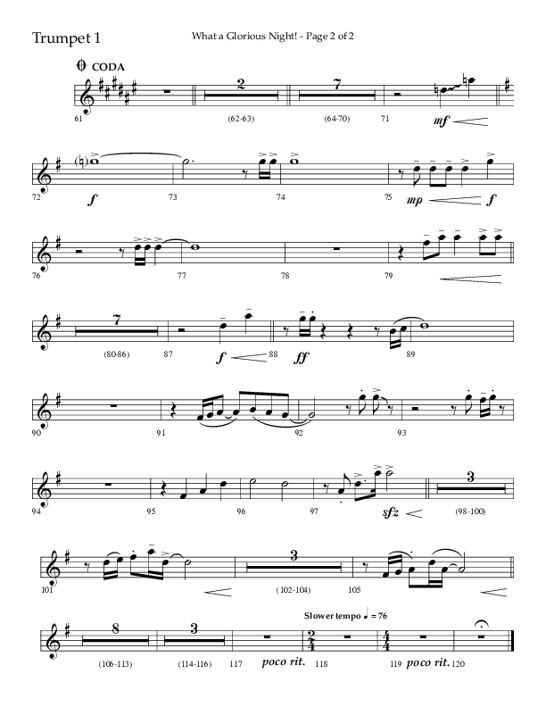 What A Glorious Night (Choral Anthem SATB) Trumpet 1 (Lifeway Choral / Arr. Craig Adams / Arr. Ken Barker / Arr. Danny Zaloudik)
