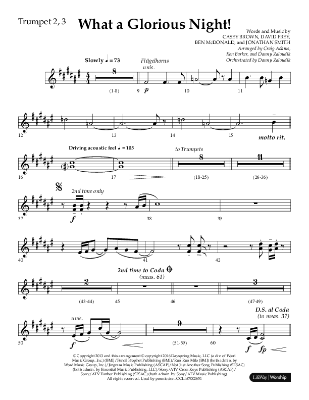 What A Glorious Night (Choral Anthem SATB) Trumpet 2/3 (Lifeway Choral / Arr. Craig Adams / Arr. Ken Barker / Arr. Danny Zaloudik)