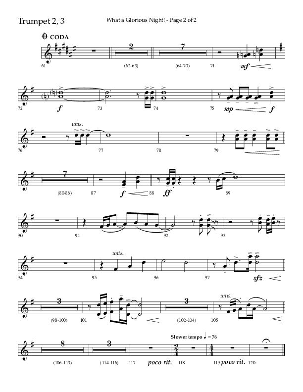 What A Glorious Night (Choral Anthem SATB) Trumpet 2/3 (Lifeway Choral / Arr. Craig Adams / Arr. Ken Barker / Arr. Danny Zaloudik)