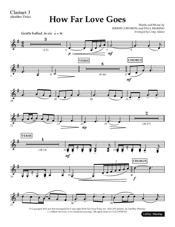 How Far Love Goes (Choral Anthem SATB) Clarinet 3 (Lifeway Choral / Arr. Craig Adams)