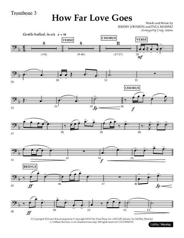 How Far Love Goes (Choral Anthem SATB) Trombone 3 (Lifeway Choral / Arr. Craig Adams)
