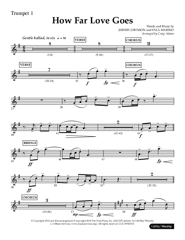 How Far Love Goes (Choral Anthem SATB) Trumpet 1 (Lifeway Choral / Arr. Craig Adams)