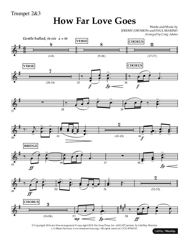 How Far Love Goes (Choral Anthem SATB) Trumpet 2/3 (Lifeway Choral / Arr. Craig Adams)