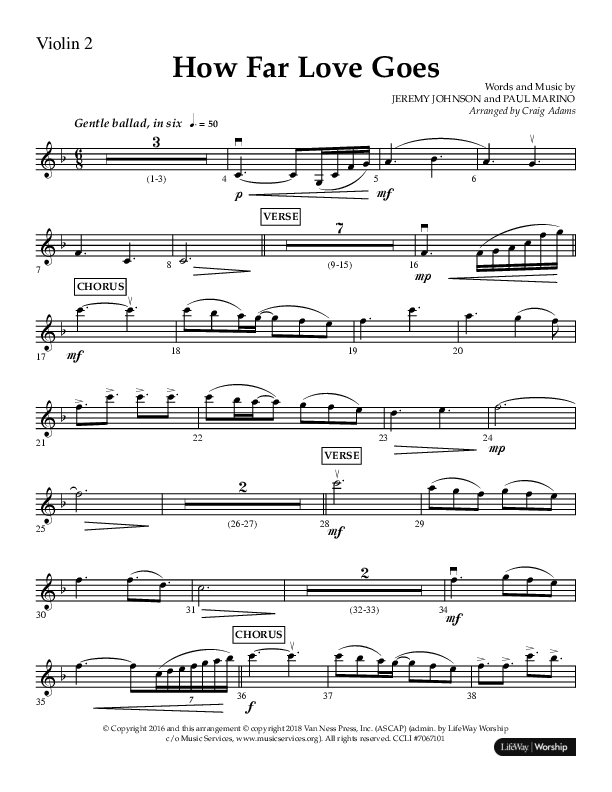 How Far Love Goes (Choral Anthem SATB) Violin 2 (Lifeway Choral / Arr. Craig Adams)