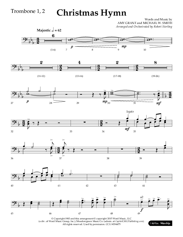 Christmas Hymn (Praise To God Whose Love Was Shown) (Choral Anthem SATB) Trombone 1/2 (Lifeway Choral / Arr. Robert Sterling)