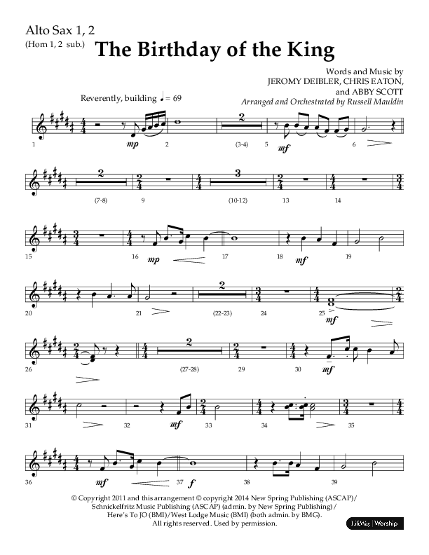 The Birthday Of The King (Choral Anthem SATB) Alto Sax 1/2 (Lifeway Choral / Arr. Russell Mauldin)