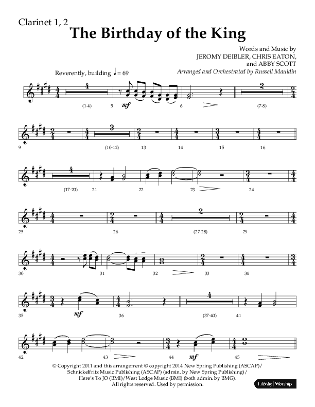 The Birthday Of The King (Choral Anthem SATB) Clarinet 1/2 (Lifeway Choral / Arr. Russell Mauldin)