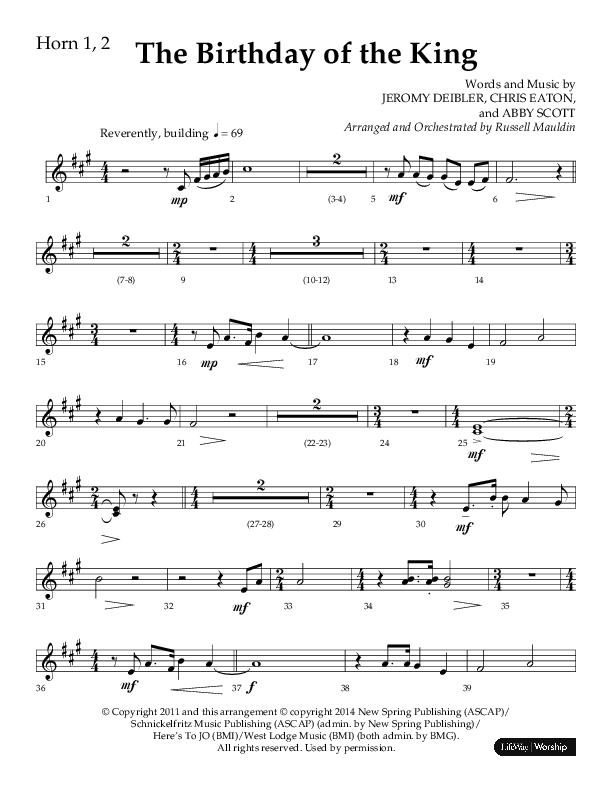 The Birthday Of The King (Choral Anthem SATB) French Horn 1/2 (Lifeway Choral / Arr. Russell Mauldin)