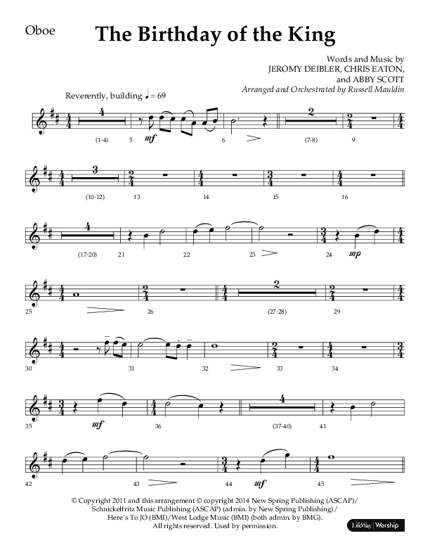 The Birthday Of The King (Choral Anthem SATB) Oboe (Lifeway Choral / Arr. Russell Mauldin)