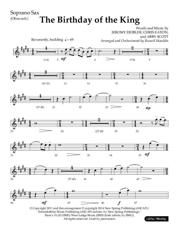 The Birthday Of The King (Choral Anthem SATB) Soprano Sax (Lifeway Choral / Arr. Russell Mauldin)