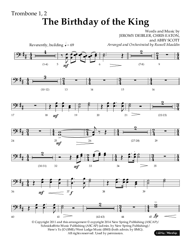 The Birthday Of The King (Choral Anthem SATB) Trombone 1/2 (Lifeway Choral / Arr. Russell Mauldin)