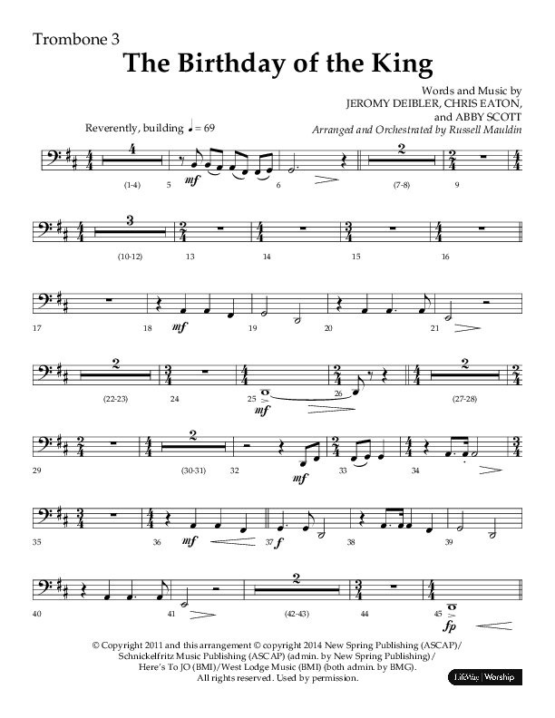 The Birthday Of The King (Choral Anthem SATB) Trombone 3 (Lifeway Choral / Arr. Russell Mauldin)