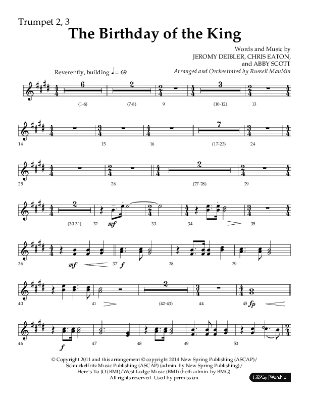 The Birthday Of The King (Choral Anthem SATB) Trumpet 2/3 (Lifeway Choral / Arr. Russell Mauldin)