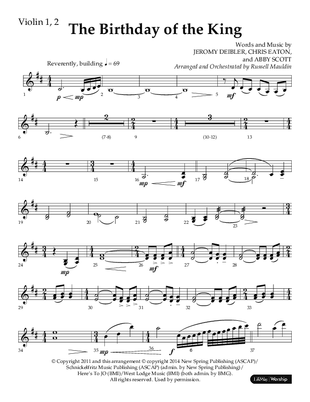 The Birthday Of The King (Choral Anthem SATB) Violin 1/2 (Lifeway Choral / Arr. Russell Mauldin)