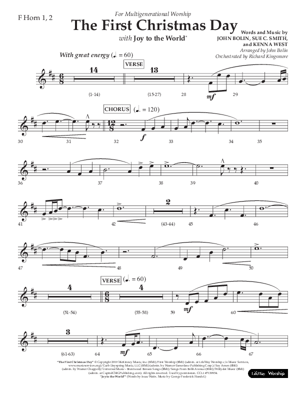The First Christmas Day (with Joy To The World) (Choral Anthem SATB) French Horn 1/2 (Lifeway Choral / Arr. John Bolin)