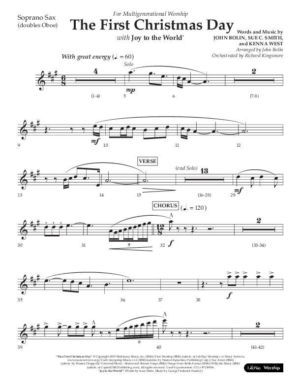 The First Christmas Day (with Joy To The World) (Choral Anthem SATB) Soprano Sax (Lifeway Choral / Arr. John Bolin)